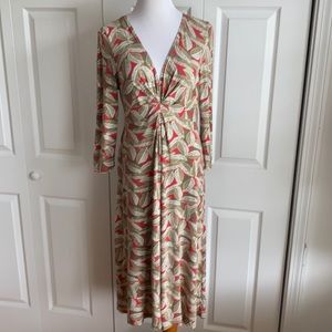 Boden Red/Tan Leaf Print Dress Sz 14 = US Medium
